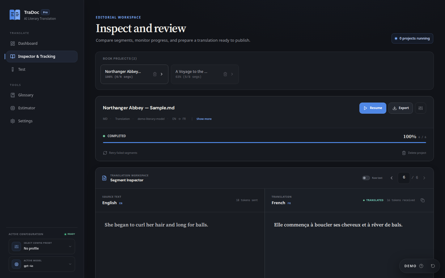 TraDoc — Actual product interface · isolated demo data